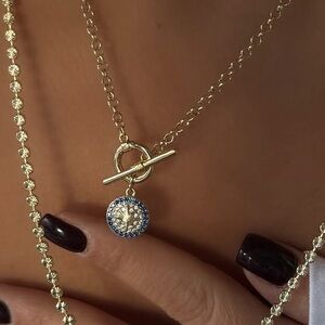 Blue Zircon T-Bar Toggle Necklace | Waterproof 14K Gold Plated